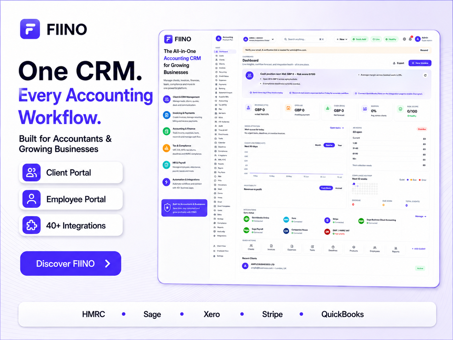 FIINO — one CRM for every accounting workflow: client portal, employee portal and 40+ integrations including HMRC, Sage, Xero, Stripe and QuickBooks